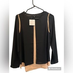 Tan and black blouse with gold embellishment. Et Satin.